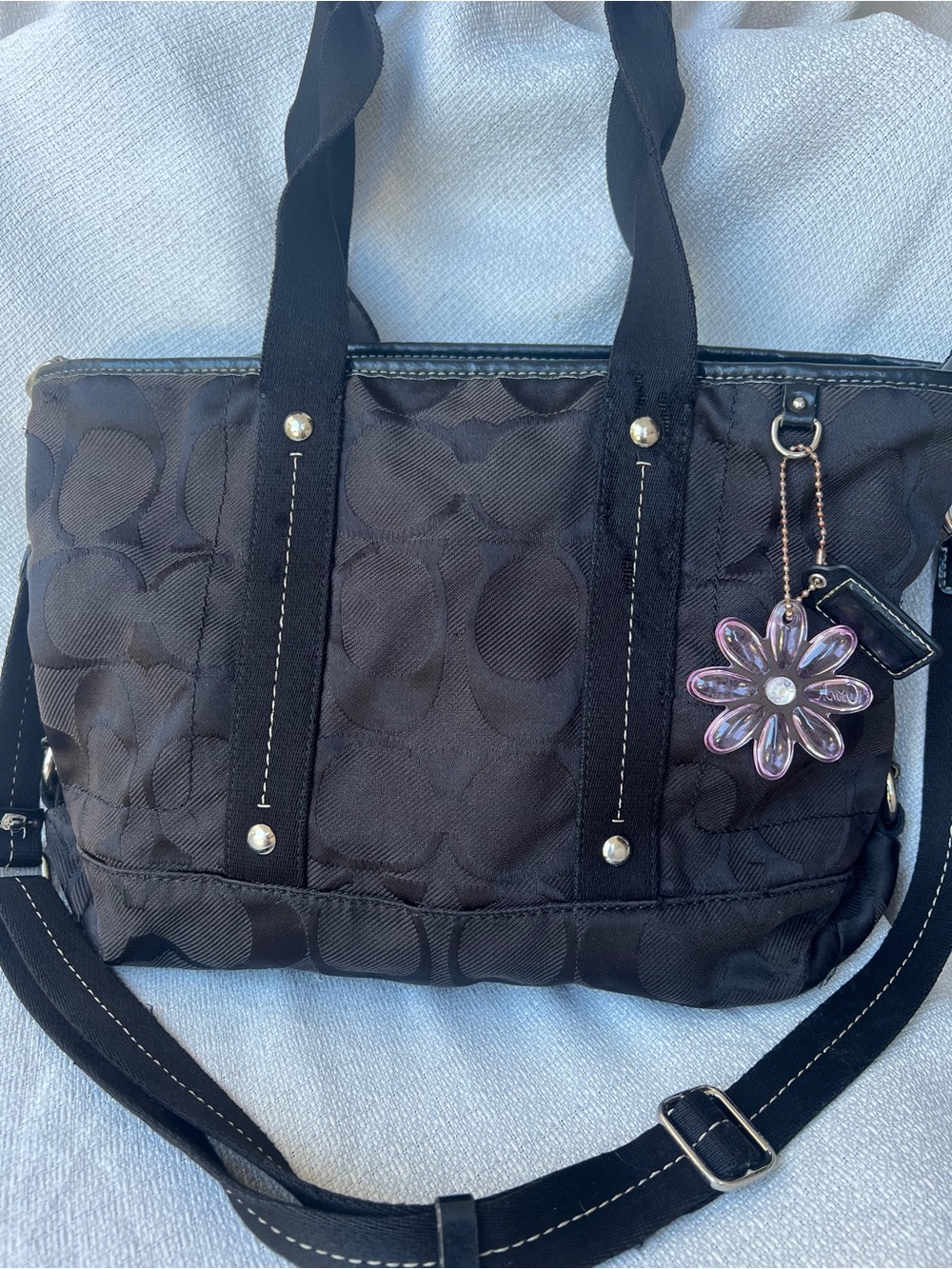 Coach Black Signature Tote with Purple Flower Charm - Picture 6 of 16